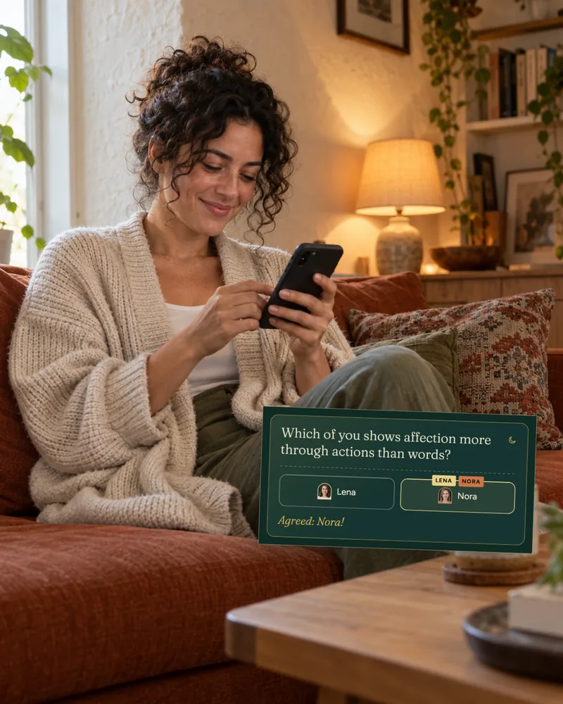 A woman on the sofa answers in the Circle Chat, next to her the question card: Which of you shows affection more through actions than words?