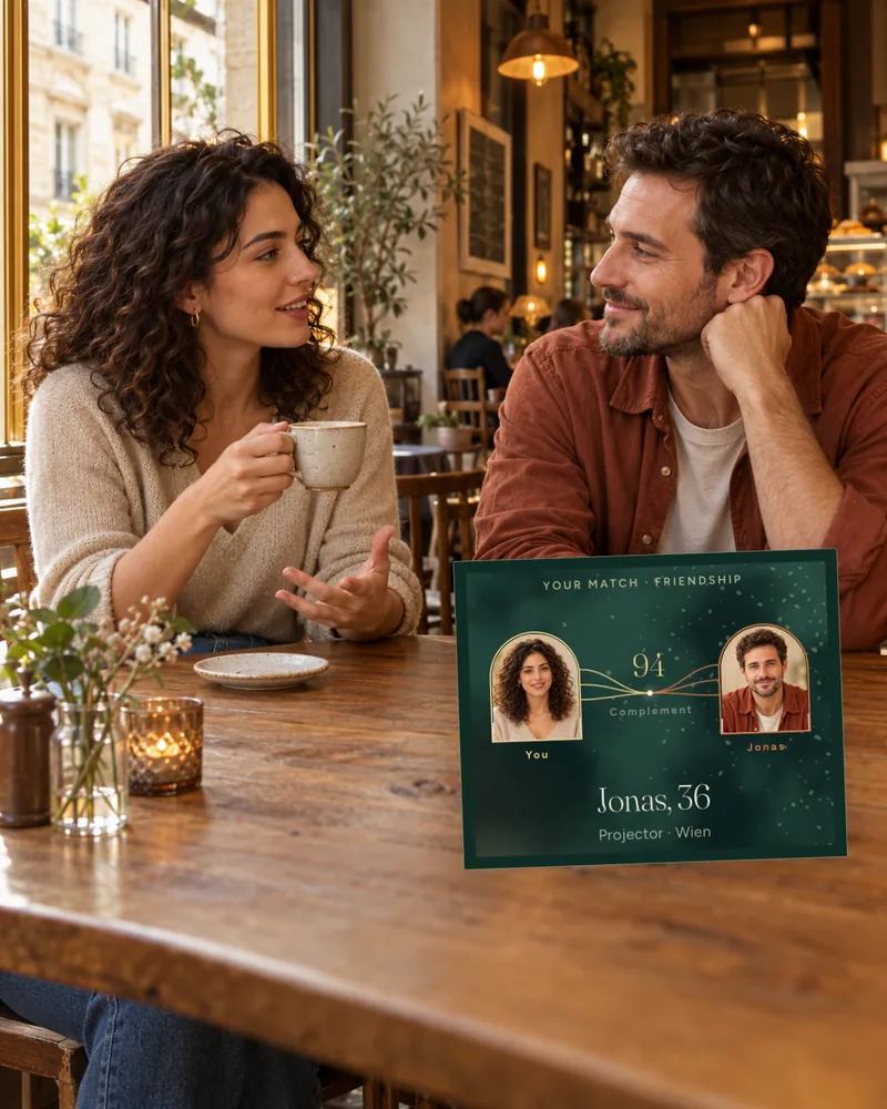 A woman and a man talking in a café, next to them their match from Joy Connect
