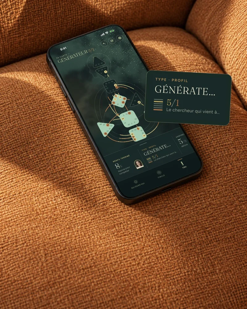 Un téléphone posé sur un canapé rouge rouille affiche le schéma Générateur 5/1, avec la carte Type et profil à côté