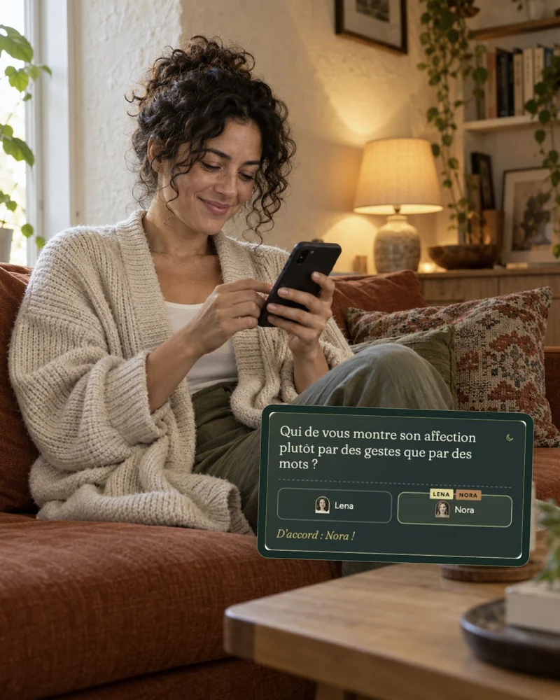Une femme sur un canapé répond dans le chat Circle, avec à côté la carte de question : Qui parmi vous montre son affection plutôt par des gestes que par des mots ?