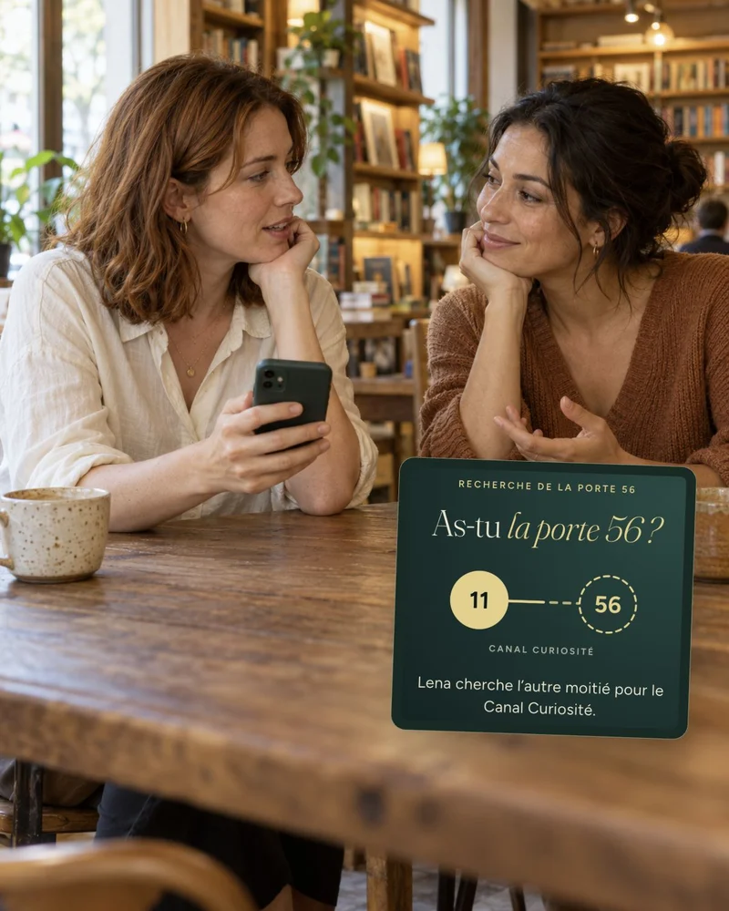 Une main tient un téléphone affichant la carte As-tu la porte 56 ? dans un café