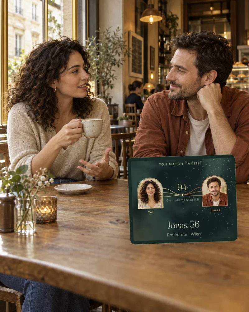 Une femme et un homme discutent dans un café, avec à côté leur match dans Joy Connect