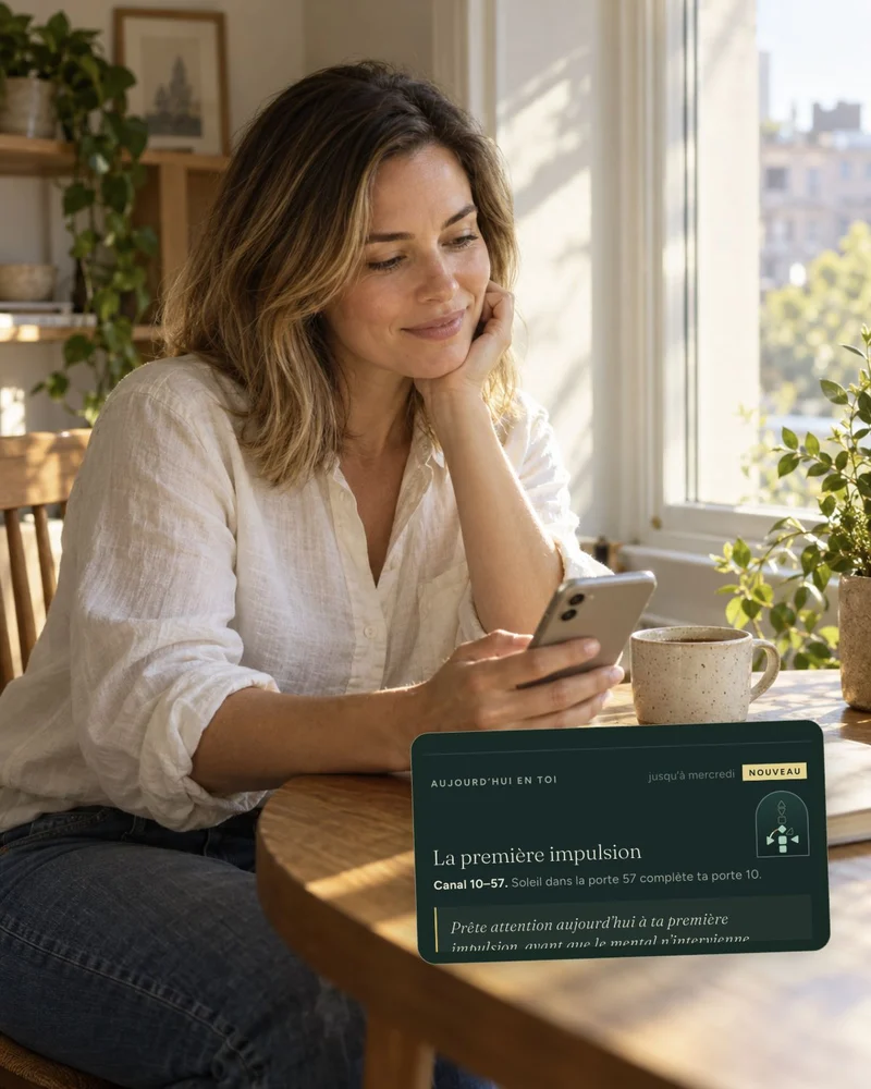 Une femme regarde son téléphone à la table du petit-déjeuner, avec à côté la carte Aujourd’hui en toi : Le premier élan